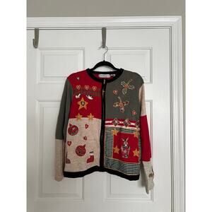 Vintage Earth Tone Ugly Christmas Sweater Zip Up Cardigan